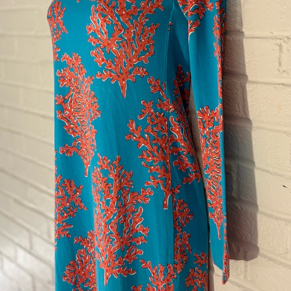 Lilly Pulitzer Whitaker One Shoulder Turquoise Coral Siesta Jersey Dress, XS - Picture 3 of 7